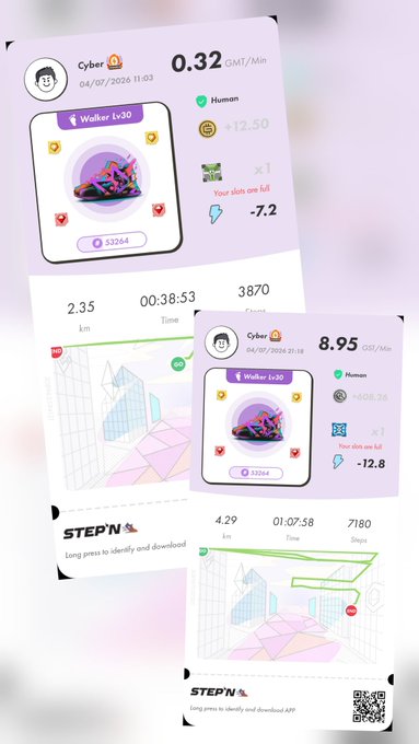 STEPN app screenshots showing a Cyber Walker 1v30 NFT with stats including 0.32 GMT/Min, 2.35km in 00:38:53, and 8.95 GST/Min, featuring sneaker NFTs valued at 33264 and 33364.