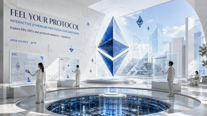 A futuristic exhibition space titled 'FEEL YOUR PROTOCOL' showcases 'INTERACTIVE ETHEREUM PROTOCOL EXPLORATIONS' with EIPs, ERCs, and protocol research displays centered around a large Ethereum logo.