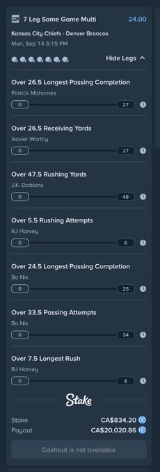 A Stake sports betting slip for the Monday, Sep 14 Chiefs-Broncos 7-leg Same Game Multi shows all legs set to "0," with a potential payout of CA$20,020.86 from a CA$834.20 stake. The image ties into the post's "run it back" theme, highlighting how every leg from a previous slip has gone one-legged (missed), setting up the giveaway promotion for tonight's NFL game.