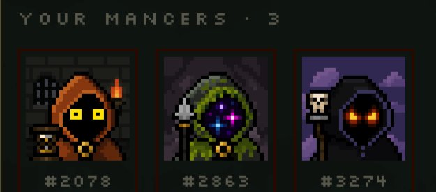 A pixel art game interface titled 'YOUR MANGERS · 3' displaying three hooded character portraits labeled #2078, #2863, and #3274.