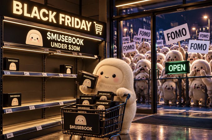 A fluffy white mascot stands inside a store holding a "SMUSEBOOK" box near a shelf labeled "BLACK FRIDAY - SMUSEBOOK UNDER $30M," while outside a crowd of identical mascots holds "FOMO" signs and a "OPEN" sign glows on the door.