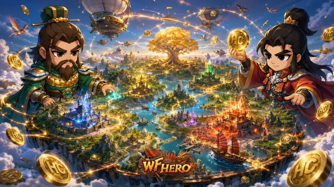 Fantasy game promotional artwork for 'WFHERO' featuring two chibi-style warrior characters with a sprawling fantasy landscape of castles, ships, hot air balloons, and gold HG coins.