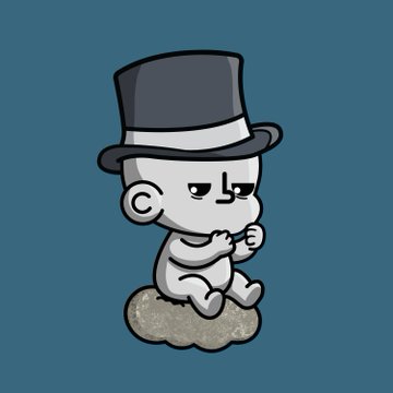 A cartoon illustration of a gray, baby-like figure wearing a black top hat, sitting on a small rock with a tired or unimpressed expression.