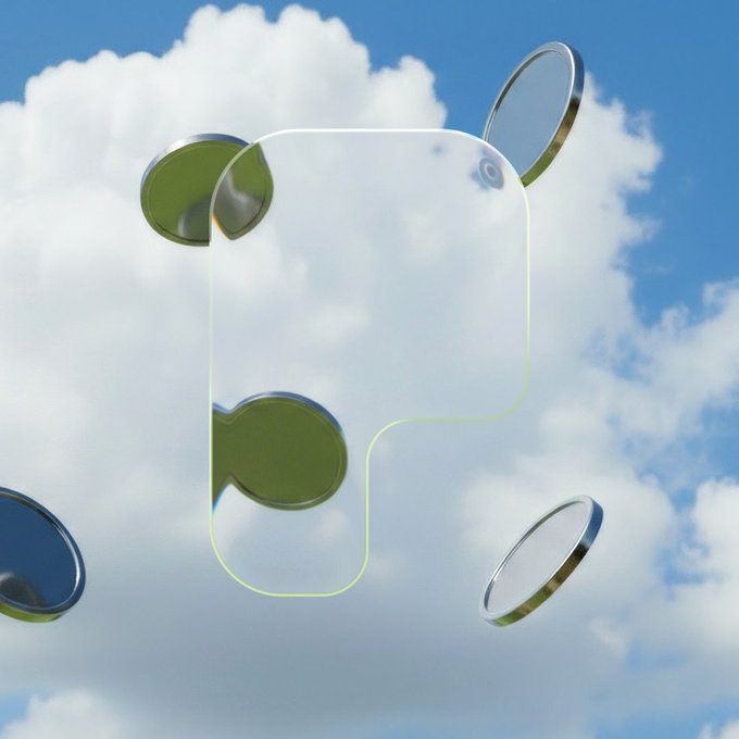 A transparent glass puzzle piece and several reflective circular discs float against a backdrop of fluffy white clouds in a bright blue sky, with no visible text or numbers. The dreamy, weightless scene of floating objects evokes a sense of suspended time and relentless activity, aligning with the caption "We gonna be trenching all night folks" by suggesting an endless, all-night grind.