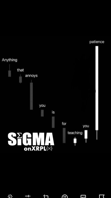 A black inspirational graphic with the text 'Anything that annoys you is for teaching you patience' arranged like a candlestick chart, watermarked 'SIGMA on XRPL'.