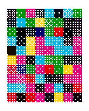 A chaotic mosaic of brightly colored, pixelated grid squares in shades of magenta, cyan, yellow, green, red, and black fills the image, resembling a glitch art or digital collage. The abstract pattern visually complements the post's description of a viral Credit NFT drop, where buyers paid $8 via X Money and received NFTs now valued around $75, symbolizing the unpredictable, blocky nature of the digital asset market.