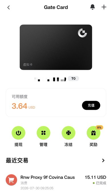 Screenshot of the Gate Card virtual card interface in Chinese, showing an available balance of 3.64 USD, card management options, and a recent transaction for 15.11 USD at 'Rnw Proxy 9f Covina Caus'.