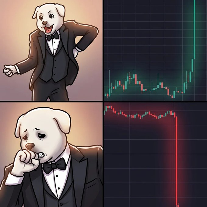 A four-panel meme pairs an excited tuxedoed dog with a rising market chart, then a worried dog with a sharply crashing chart.