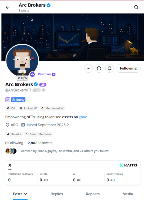 An X (Twitter) profile page for 'Arc Brokers' (@ArcBrokerNFT), featuring a pixel art avatar, NFT-related content, and 2,867 followers.