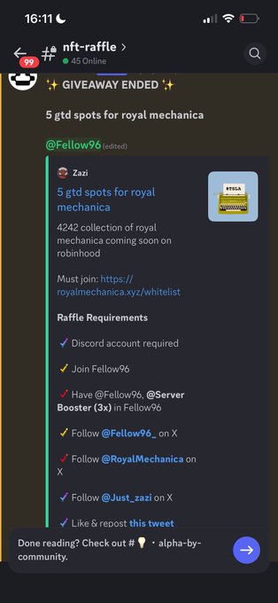 A Discord screenshot from "nft-raffle" announcing an ended giveaway for 5 Royal Mechanica gtd spots, hosted by Zazi under @Fellow96, requiring Discord membership, Twitter follows, and engagement. The image relates to the post by showcasing the raffle details where participants could win spots tied to the Royal Mechanica NFT collection, with the post highlighting the project's value increase from $8 to ~$35.