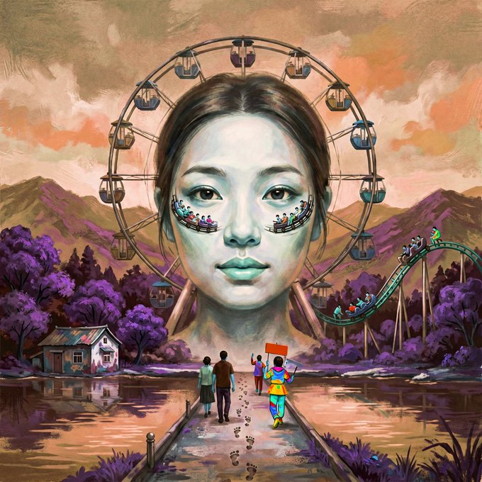 A surreal painting depicts a colossal pale face surrounded by a Ferris wheel, with tiny roller coaster riders forming tears under its eyes, while a family walks a pier toward a colorfully dressed figure holding a sign. Purple-hued trees, a small house, and mountains frame the dreamlike scene under a pink and orange sky.