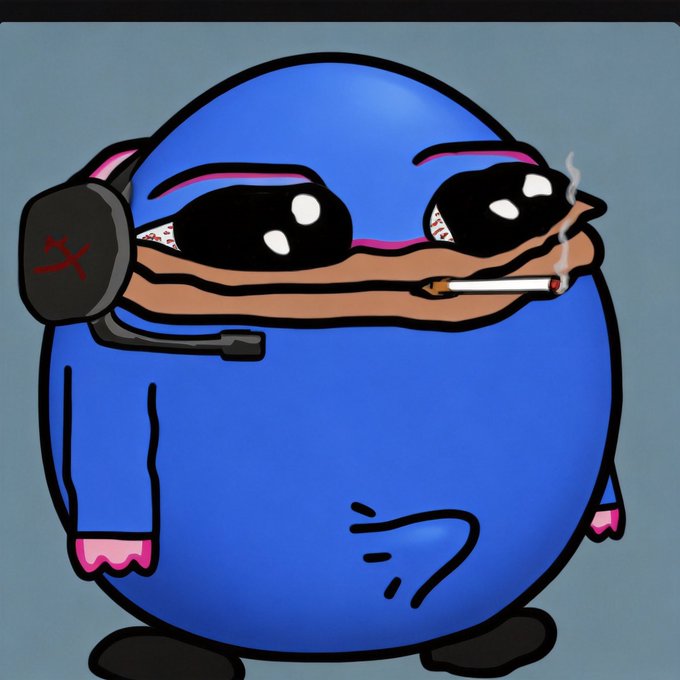 A blue, round cartoon character with bloodshot eyes, wearing a headset and smoking a cigarette, looking exhausted and disheveled—visually representing the "bagholder" meme of someone stuck holding a losing stock, fitting the $QUN ticker shown.