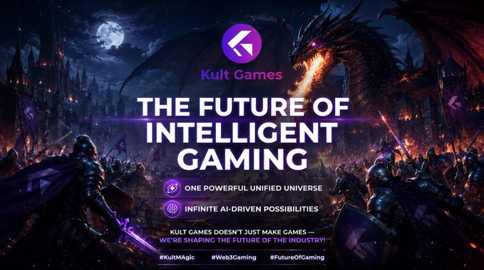 The image features a poster for a video game called "The Future of Intelligent Gaming" by @_KultGames, which is promoting intelligent gaming. The poster includes a large illustration of a dragon with flames coming out of its mouth, surrounded by knights in armor and other characters from various video games. The text on the poster highlights the power of intelligent gaming and how it can revolutionize the gaming industry.