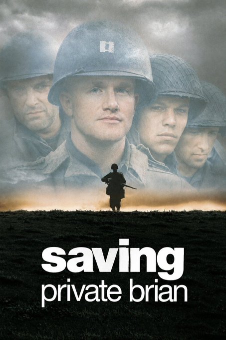 A movie poster for 'Saving Private Brian' featuring soldiers in helmets with a lone soldier silhouette against a battlefield landscape.