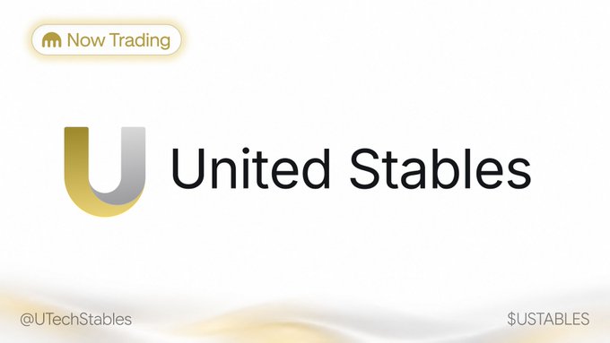 A promotional graphic for "United Stables" features its gold and gray "U" logo alongside the brand name, with a "Now Trading" badge in the top corner and the handles "@UTechStables" and "$USTABLES" at the bottom, aligning with the announcement that the $U token is now live on Kraken.