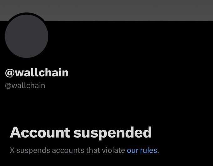 The image displays the suspended profile of the InfoFi project @wallchain on a black background, indicating it has been banned by X. It illustrates the post's claim that the bullrun isn't benefiting InfoFi projects equally, as Wallchain joins Pulse, MindoAI, Cookie, and others in being "suspended or disappeared," leaving only Kaito standing.