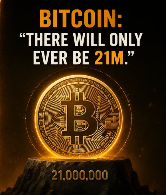 A promotional graphic showing a glowing golden Bitcoin coin on a rock with text 'BITCOIN: "THERE WILL ONLY EVER BE 21M."' and '21,000,000' below.