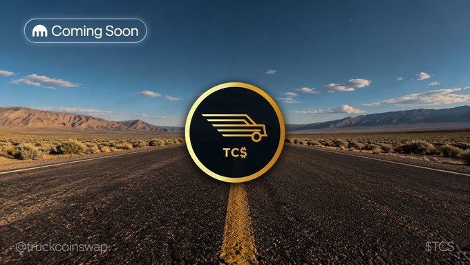 A promotional graphic for 'Truck Coin Swap' (TC$) showing a gold coin logo with a winged truck over a desert highway, marked 'Coming Soon' with handle @truckcoinswap.