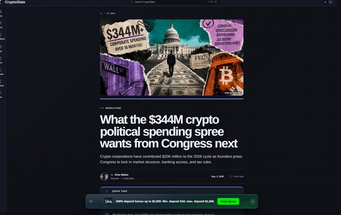 A CryptoSlate article titled 'What the $344M crypto political spending spree wants from Congress next' by Gina Mira, featuring an illustration of the U.S. Capitol with crypto-themed dollar bills and noting $206M contributed by crypto corporations for the 2026 cycle.