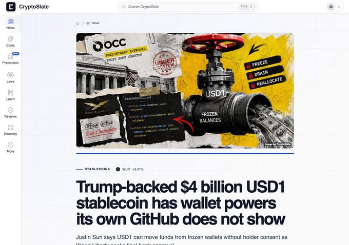 A CryptoSlate news article with the headline 'Trump-backed $4 billion USD1 stablecoin has wallet powers its own GitHub does not show,' featuring an illustration of a valve labeled 'USD1 FROZEN BALANCES' with options to freeze, drain, and reallocate.