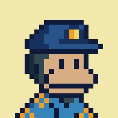 A pixel art portrait of a cartoon character wearing a blue police-style hat with an orange/yellow badge and a matching blue uniform with orange accents, likely a caricature representing the "Solana Scholar" crypto influencer referenced in the post about 2022's worst "monkfluencers."