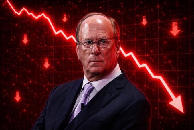 A news-style graphic featuring a stern-looking man in a suit and glasses (resembling BlackRock CEO Larry Fink) superimposed over a red background with downward-trending arrows and a declining line graph, symbolizing a market crash.