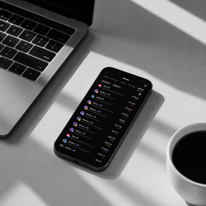 A smartphone displaying a trading interface with tokenized stocks (SPY, QQQ, GLD, SLV, BTC, and more) sits on a desk next to a laptop and coffee cup, illustrating how the wallet enables 24/7 onchain access to broader markets like ETFs and treasuries without traditional brokerage limitations.