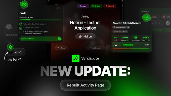 The image shows an app called "New Syndicate" with a green background and white text. The app has been updated, and the focus is on the Activity page that displays all the available features and options for users. The new update includes a rebuilt activity page, which provides more information about the app's functionality and allows users to make decisions based on their preferences.