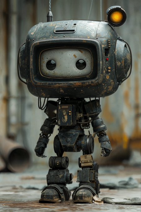 A weathered, toy-like robot with a TV monitor for a head, expressive round eyes, and an orange antenna stands in a gritty, rust-stained industrial setting.