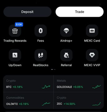 A mobile app interface for a cryptocurrency exchange shows a 'Trade' tab menu with options like 'Trading Rewards' (10K), 'Fees', 'Airdrop+', 'MEXC Card', 'Up/Down', 'RealStocks', 'Referral', and 'MEXC VVIP', with tickers below showing BTC +0.18%, OIL(WTI) +0.19%, GOLD(KAU) -0.05%, and ZEC +14.50%.