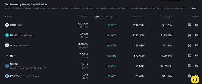 A Binance 'Top Tokens by Market Capitalization' list showing tokens including COTI (+58.90%), BANK Lorenzo Protocol (+21.01%), ACH Alchemy Pay (+20.89%), RE (+20.86%), SOXSB (+13.22%), and PORTO FC Porto Fan Token (+12.41%).