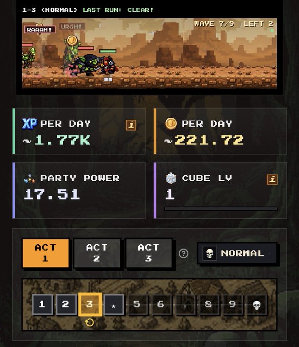 A pixel art video game screen showing a post-battle stats menu with 'XP PER DAY ~1.77K', 'PER DAY ~221.72', 'PARTY POWER 17.51', and 'CUBE LV 1' at wave 7/9.