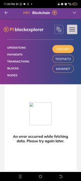 A mobile screenshot of the Pi Blockchain Explorer app displaying menu options including OPERATIONS, PAYMENTS, TRANSACTIONS, BLOCKS, and NODES, with an error message stating "An error occurred while fetching data. Please try again later," symbolizing the technical challenges and upcoming developments like the AMM DEX and RPC Infrastructure mentioned in the Protocol 27 upgrade announcement.