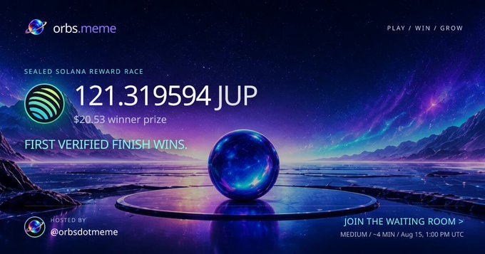 Promotional banner for "orbs.meme" featuring a Sealed Planet Reward Race with 121.319594 JUP ($20.53 winner prize), hosted by @orbsdotmeme, with a medium entry tier starting Aug 15, 1:00 PM UTC.