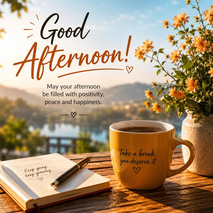 A cheerful 'Good Afternoon!' greeting card features a coffee mug reading 'Take a break, you deserve it,' a notebook saying 'Keep going, keep growing,' and a scenic lakeside background.