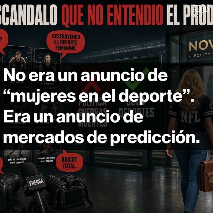 A Spanish-language graphic with the text 'No era un anuncio de "mujeres en el deporte". Era un anuncio de mercados de predicción,' overlaid on a scene depicting a news scandal with speech bubbles criticizing women's sports and a 'BOICOT TOTAL' sign.