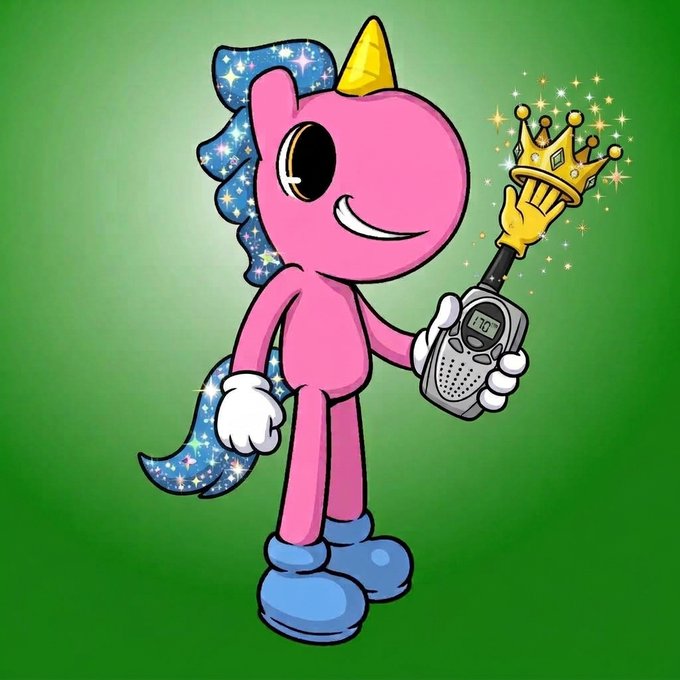 A cartoon pink unicorn with a sparkly blue mane holds a scepter and a walkie-talkie displaying "170" against a green background.