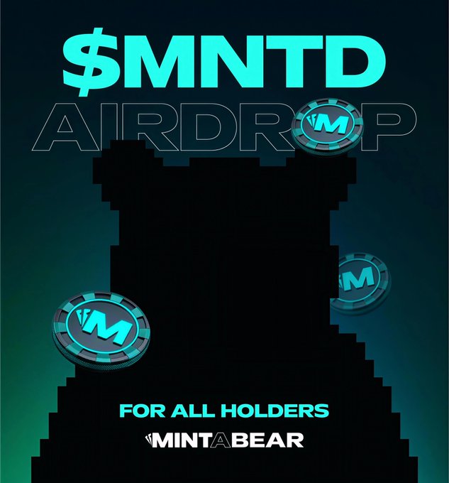 A promotional graphic for an $MNTD airdrop featuring "MINT A BEAR" branding with a pixelated bear silhouette in cyan and dark tones, highlighting that the airdrop is available to all holders. The image visually reinforces the post's message about qualifying for Season 1 rewards through wagers and XP while emphasizing the value of holding a MintABear NFT.