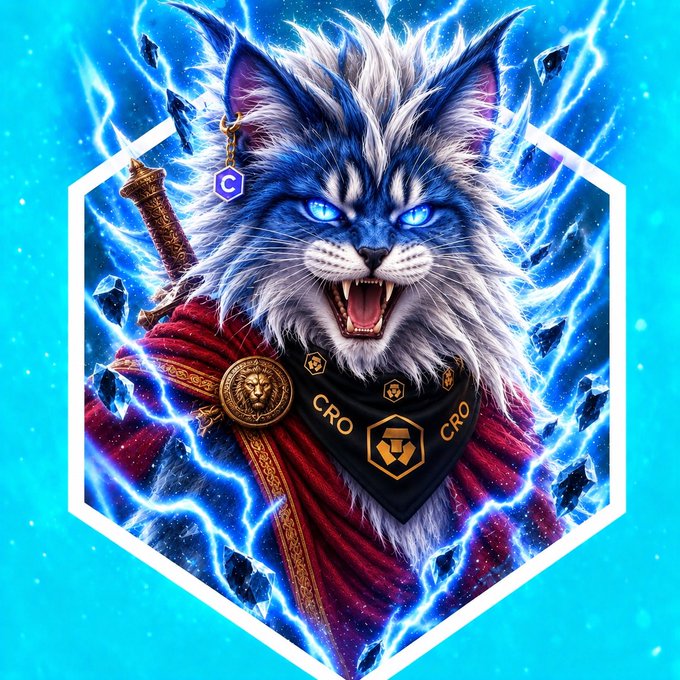 A digital illustration of a fierce blue and white cat-like warrior with glowing eyes, bared fangs, and a sword, surrounded by lightning and floating shards. It wears a black bandana with 'CRO' and a lion emblem, suggesting a CRO (Crypto.com) themed mascot.