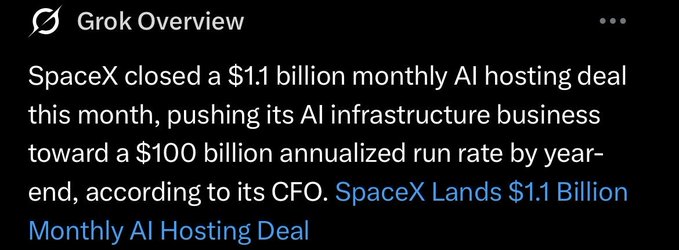 A Grok Overview news summary stating that SpaceX closed a $1.1 billion monthly AI hosting deal, pushing its AI infrastructure business toward a $100 billion annualized run rate by year-end, with a link titled 'SpaceX Lands $1.1 Billion Monthly AI Hosting Deal'.