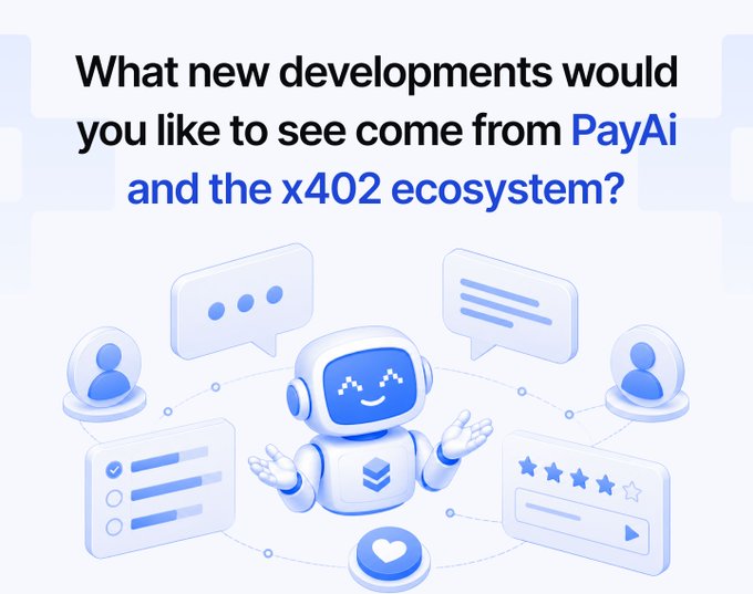The image features a friendly 3D robot character surrounded by chat bubbles, user icons, checklists, ratings, and a heart symbol, visually representing community engagement and feedback. The text asks, "What new developments would you like to see come from PayAi and the x402 ecosystem?" highlighting the post's community question soliciting user input on future features.