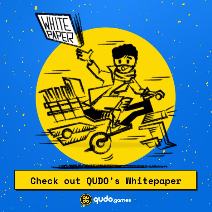 A bright blue and yellow cartoon-style illustration showing a person riding a bicycle holding a 'WHITE PAPER' document, with a banner reading 'Check out QUDO's Whitepaper' and the qudo.games logo.