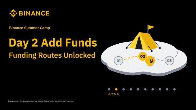A Binance Summer Camp promotional graphic featuring the Binance logo and yellow tent illustration, highlighting "Day 2 Add Funds - Funding Routes Unlocked" with a progress indicator showing DAY 02/10, alongside a risk warning about volatile cryptocurrency prices.