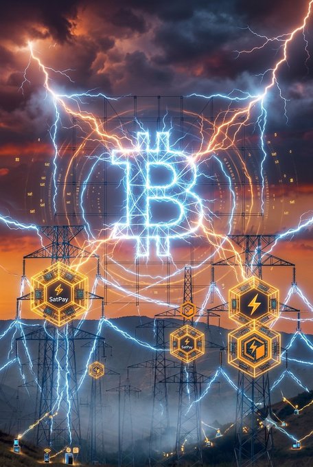 A dramatic scene shows a glowing Bitcoin symbol electrified by lightning amid towering power lines, with hexagonal "SaitPay" nodes connected by energy currents. The imagery visually reinforces the post's claim of a crypto power grid activated by $CORE, depicting Bitcoin as the charged centerpiece while symbolizing the network's energy and connectivity.