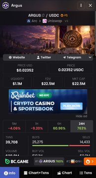 A cryptocurrency tracking app screen displays ARGUS/USDC with a price of $0.02352, showing FDV and Market Cap, alongside a banner ad for "CRYPTO CASINO & SPORTSBOOK".