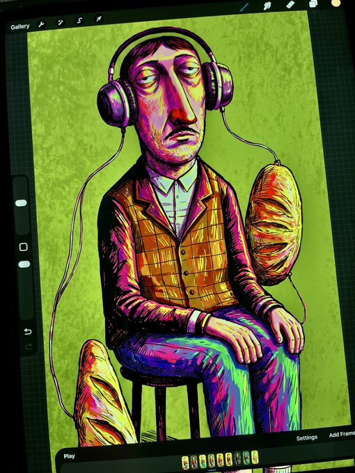 A vibrant, stylized digital artwork displayed on a Procreate screen showing a tired-looking man wearing headphones, sitting on a stool against a green background with an orange checkered vest.