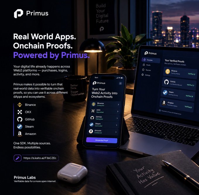 Promotional advertisement for Primus showing a laptop and phone displaying the app interface, with text 'Real World Apps. Onchain Proofs. Powered by Primus.' and branding 'Primus Labs'.