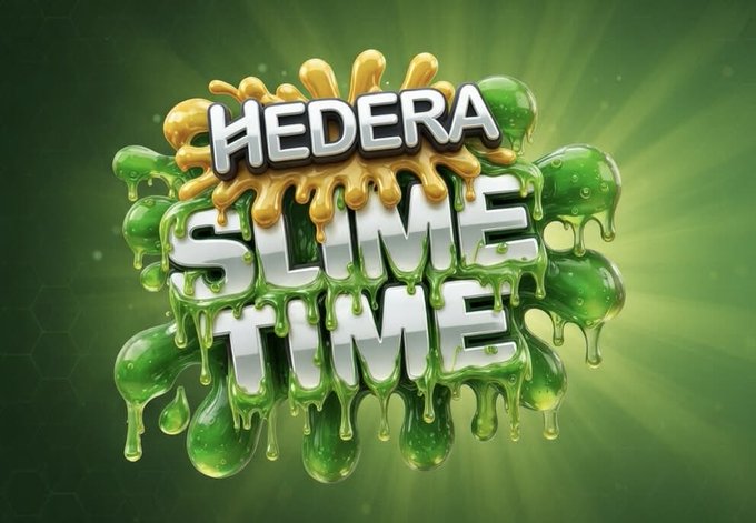 A digital logo for 'HEDERA SLIME TIME' features bubbly green slime dripping from bold white letters, with golden liquid splashing from the top, set against a dark green hexagonal background.