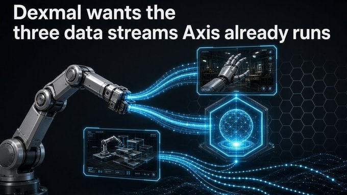 A promotional graphic with the text 'Dexmal wants the three data streams Axis already runs' features a robotic arm connected to glowing data streams and holographic interfaces.