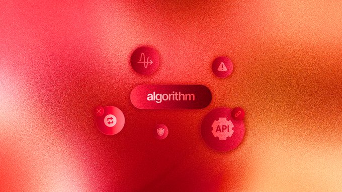 The image presents a graphic design featuring a red background with black text that reads "ALGORITHM", surrounded by five small orange circles with various symbols such as "X", "Y", and a "W" inside each circle. The overall layout creates an abstract impression, and the color scheme of the design matches the warm tones used in the image. The caption suggests this design might be related to @Sertexity's AI trading platform discussion or a similar trade-related topic.